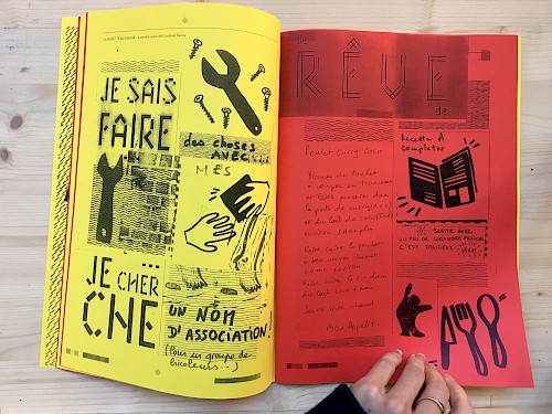 Sur des pages-gabarits grises ou à motifs, les participant(e)s ont composé leur page à l’aide d’outils variés : rectangles blancs pour écrire ou dessiner, titres de rubriques et pictogrammes à découper, tampons et papiers noir et gris, feutres noirs et blancs.